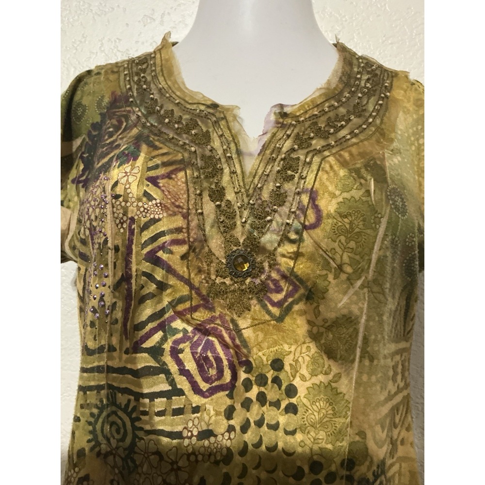 B.L.E.U. Women's Top Size XLP Green Yellow Purple Embroidered Artsy Boho Y2K - Picture 2 of 9